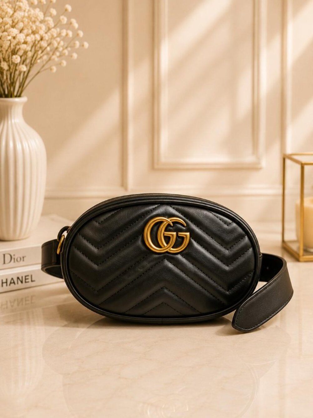 Authentic Gucci GG Marmont Matelassé Belt Bag Black Leather Waist Bag Crossbody